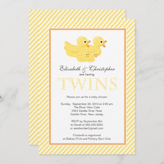 黄色モダンのアヒルのカップル双子ベビーシャワー 招待状 (正面/裏面)