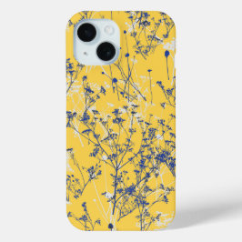 黄色モダンのエレガント抽象芸術青いワイルドフラワー iPhone 15ケース