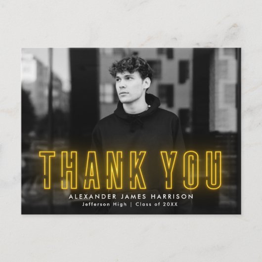 黄色モダンのネオン写真の卒業ありがとう ポストカード (正面)