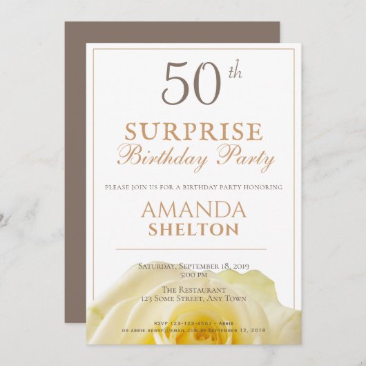 黄色モダンのバラ50thサプライズ誕生日パーティー 招待状 (正面/裏面)
