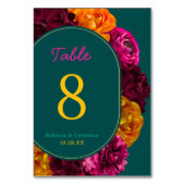 黄色モダンのホットピンク色の緑のフローラ結婚 テーブルナンバー (正面)