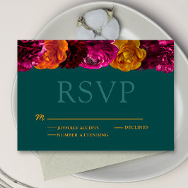 黄色モダンのホットピンク色の緑のフローラ結婚 出欠カード