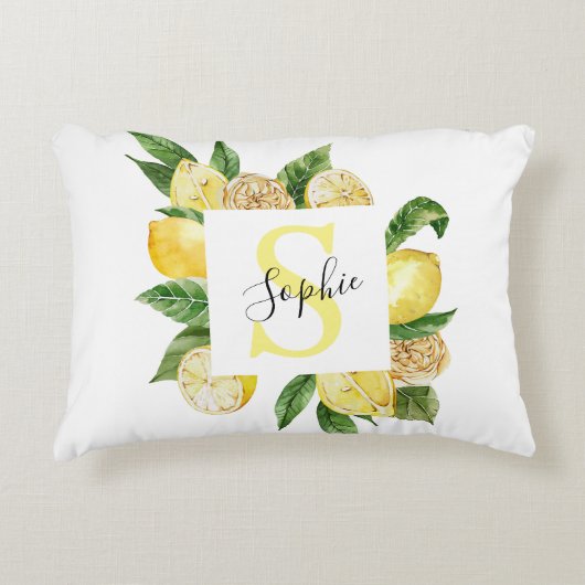 黄色モダンのレモンの枠と名葉付きの アクセントクッション (正面)