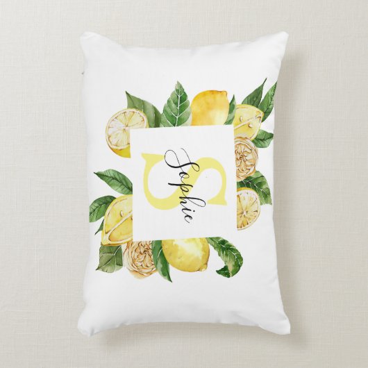 黄色モダンのレモンの枠と名葉付きの アクセントクッション (正面(垂直))