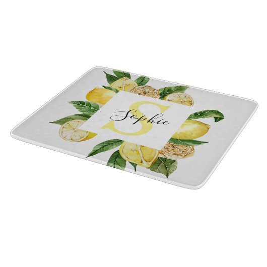 黄色モダンのレモンの枠と名葉付きの カッティングボード (角)