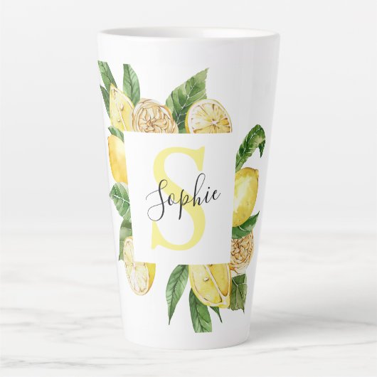 黄色モダンのレモンの枠と名葉付きの カフェラテマグ (正面)