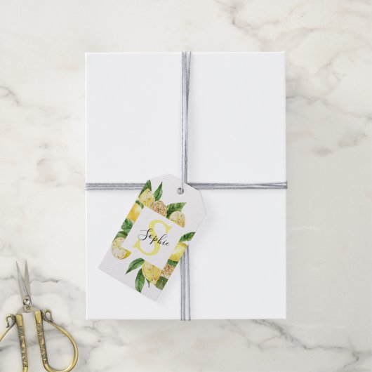 黄色モダンのレモンの枠と名葉付きの ギフトタグ (より糸付き)