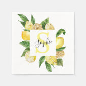 黄色モダンのレモンの枠と名葉付きの スタンダードカクテルナプキン (正面)