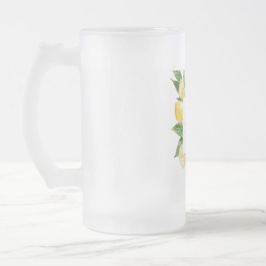 黄色モダンのレモンの枠と名葉付きの フロストグラスビールジョッキ (左)