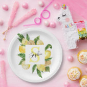 黄色モダンのレモンの枠と名葉付きの ペーパープレート (パーティー)