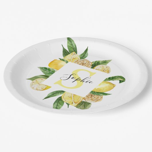 黄色モダンのレモンの枠と名葉付きの ペーパープレート (アングル)