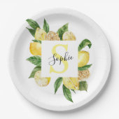 黄色モダンのレモンの枠と名葉付きの ペーパープレート (正面)