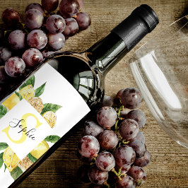 黄色モダンのレモンの枠と名葉付きの ワインラベル