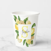 黄色モダンのレモンの枠と名葉付きの 紙コップ (正面)