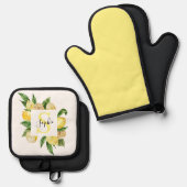 黄色モダンのレモンの枠と名葉付きの 鍋つかみ&鍋敷きセット (正面/裏面)