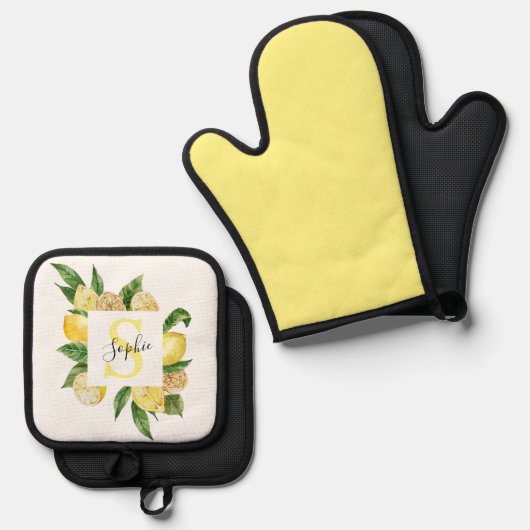 黄色モダンのレモンの枠と名葉付きの 鍋つかみ&鍋敷きセット (正面/裏面)
