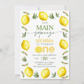 黄色モダンの女の子の私たちのメイン絞り1st誕生日 招待状 (正面)