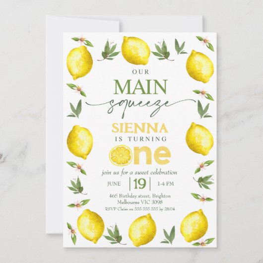 黄色モダンの女の子の私たちのメイン絞り1st誕生日 招待状 (正面)