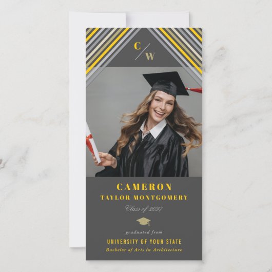 黄色モダンの斜ストライプ斜め写真卒業 案内状 (正面)