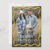 黄色モダンの波型フレームメリークリスマス3写真 シーズンカード (正面)