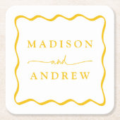 黄色モダンの波状のフレ結婚ーム スクエアペーパーコースター (正面)