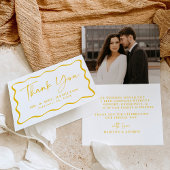 黄色モダンの波状フレーム結婚写真 サンキューカード