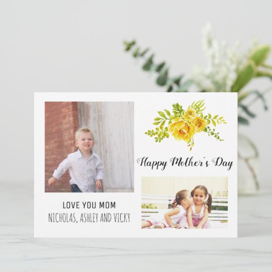 黄色モダンの花の母の日のフローラ写真 カード (スタンド正面)