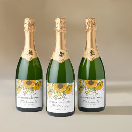 黄色モダンひまわり結婚花束 スパークリングワインラベル