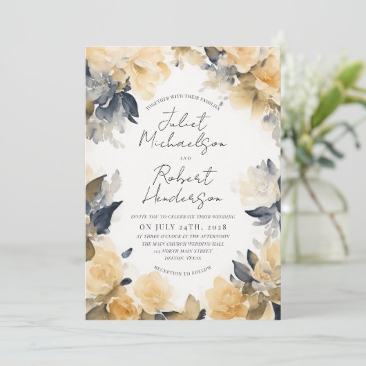 黄色モダンエレガント黒フローラ結婚ズ 招待状 (スタンド正面)