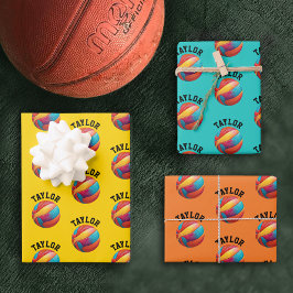 黄色モダンオレンジ色ブルーバスケットボールチームMVP名 ラッピングペーパーシート