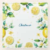 黄色モダンシンプルのレモン水色誕生日 ガラスコースター (正面)