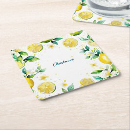 黄色モダンシンプルのレモン水色誕生日 スクエアペーパーコースター