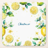 黄色モダンシンプルのレモン水色誕生日 スクエアペーパーコースター (正面)