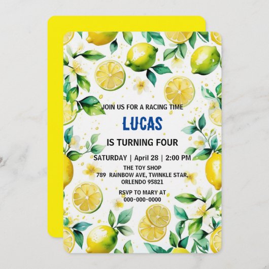 黄色モダンシンプルのレモン水色誕生日 招待状 (正面/裏面)