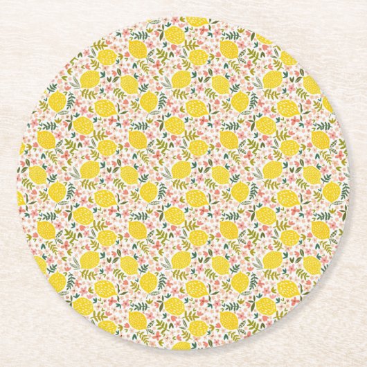 黄色モダンレモンとピンクフローラ ラウンドペーパーコースター (正面)
