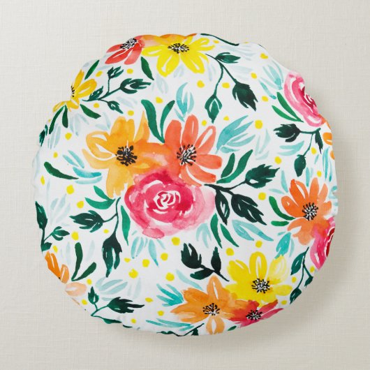 黄色モダン桃色の花水彩デザイン ラウンドクッション (正面)