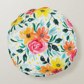 黄色モダン桃色の花水彩デザイン ラウンドクッション (裏面)