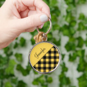 黄色モダン水牛のプレイドチェックパターン名 キーホルダー (手)