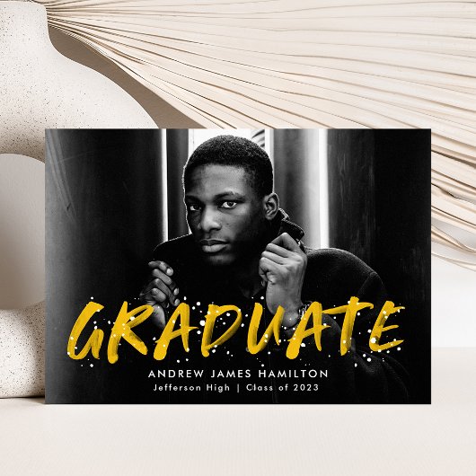 黄色モダン絵を描（ばちゃばちゃ）跳ねる写真卒業 案内状