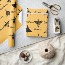 黄色モダン黒クリスマスツリーパターンホリデー ラッピングペーパー