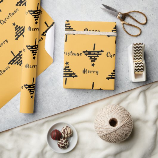 黄色モダン黒クリスマスツリーパターンホリデー ラッピングペーパー (クラフト)