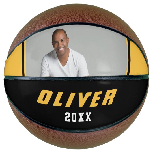 黄色モダン黒名前をカスタムする文字写真 バスケットボール (正面)