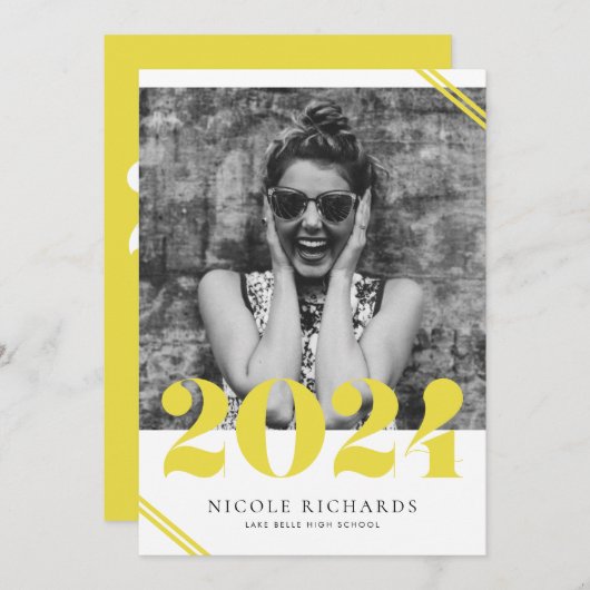 黄色モダン2024年写真卒業 招待状 (正面/裏面)