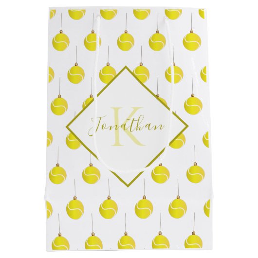 黄色モノグラムのテニスボールオーナメントクリスマス ミディアムペーパーバッグ (裏面)