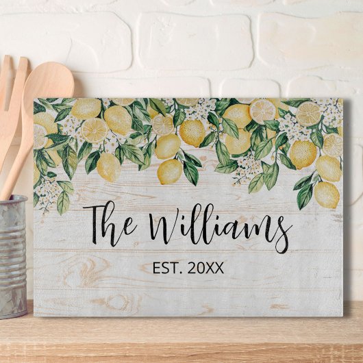 黄色モノグラムのレモンツリーホワイトウッド カッティングボード