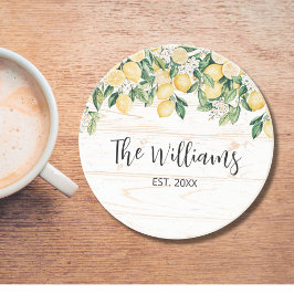 黄色モノグラムのレモンツリーホワイトウッド コースター
