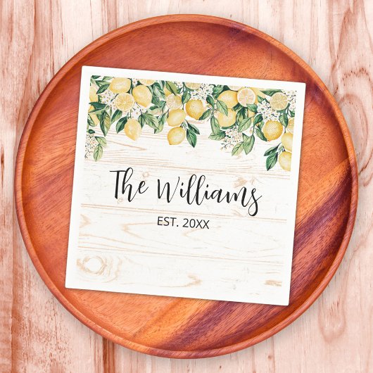 黄色モノグラムのレモンツリーホワイトウッド スタンダードカクテルナプキン