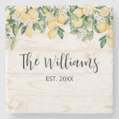 黄色モノグラムのレモンツリーホワイトウッド ストーンコースター (正面)