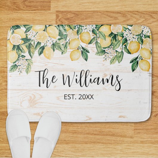 黄色モノグラムのレモンツリーホワイトウッド バスマット