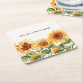 黄色モノグラムの素朴ひまわり園 スクエアペーパーコースター (アングル)